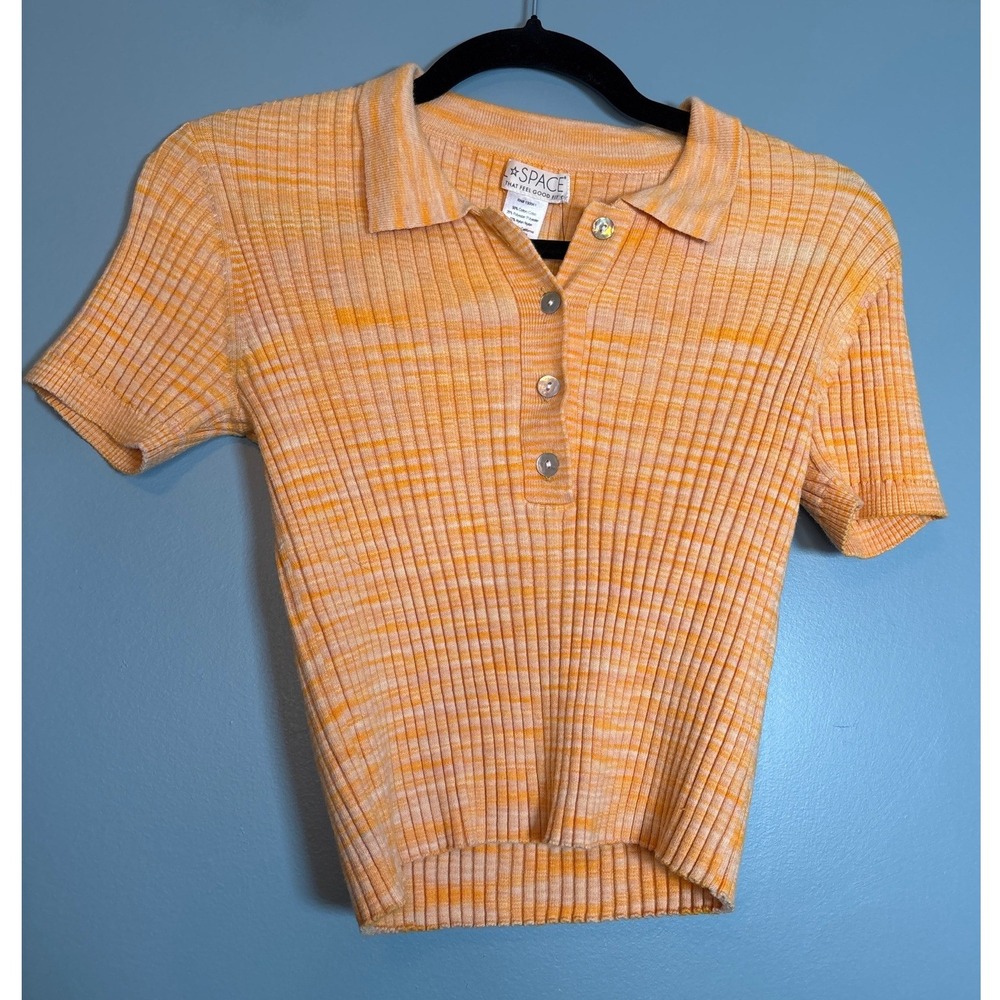NWT L*SPACE Molly Knit‎ Polo Shirt Apricot Striped Ribbed Short Sleeve Top L
